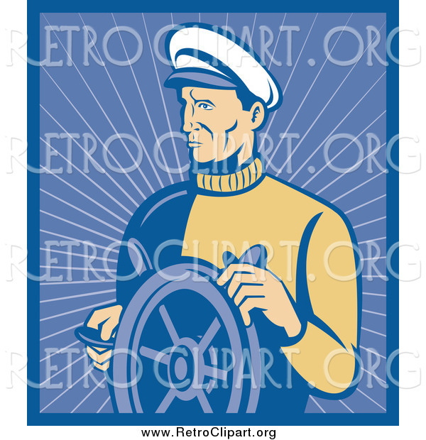 Clipart of a Retro Nautical Captain with a Ship Helm