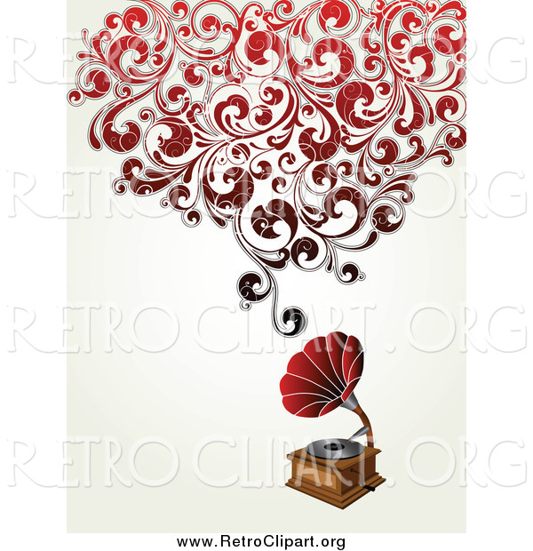 Clipart of a Retro Phonograph Music Player with Red Swirly Vines