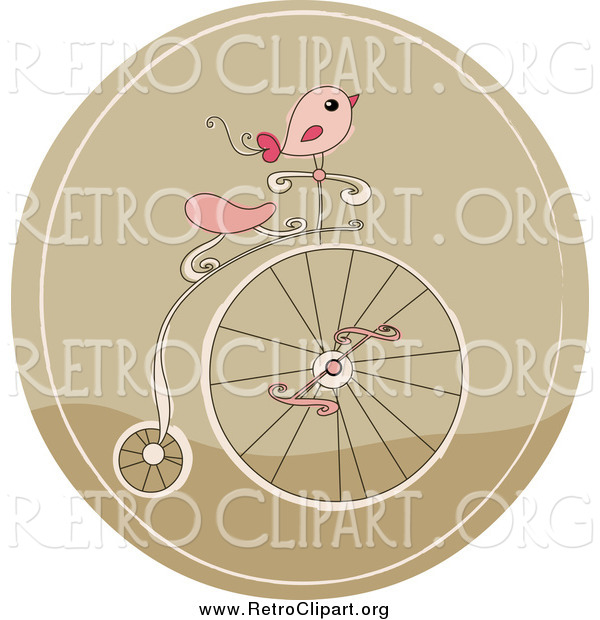 Clipart of a Retro Pink Bird on a Penny Farthing Bicycle in a Brown Circle