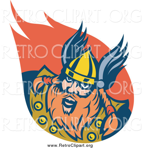 Clipart of a Retro Red Haired Viking Man and Flame