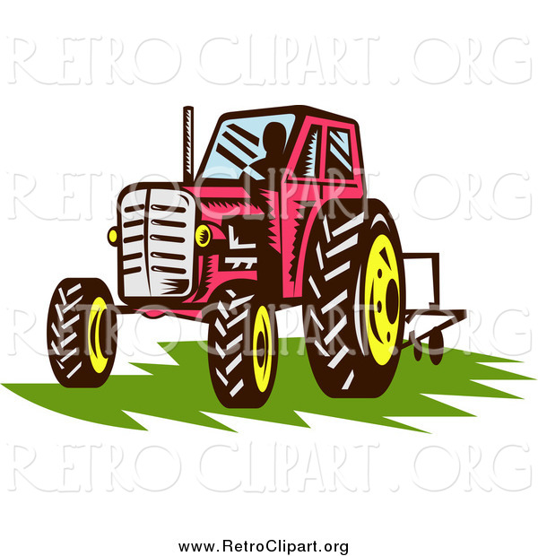 Clipart of a Retro Red Tractor over Grass