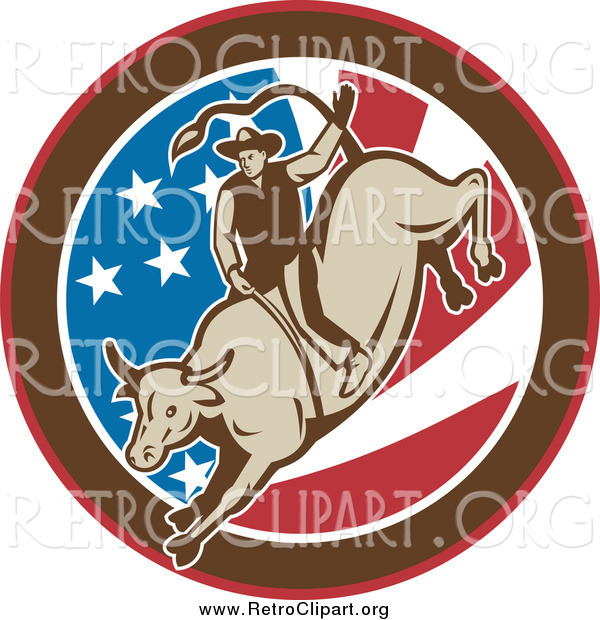 Clipart of a Retro Rodeo Cowboy Riding a Bull in an American Flag Circle