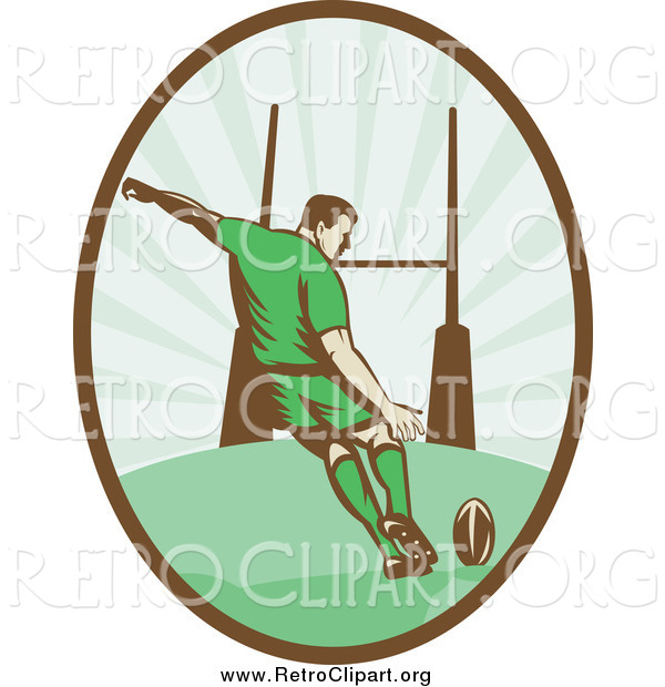 Clipart of a Retro Rugby Football Player Kicking in an Oval