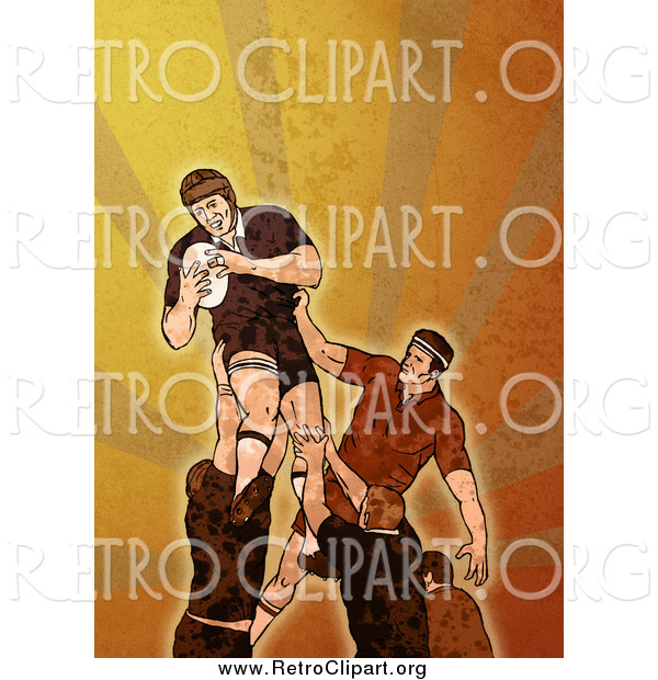 Clipart of a Retro Rugby Player Jumping over Orange Grunge