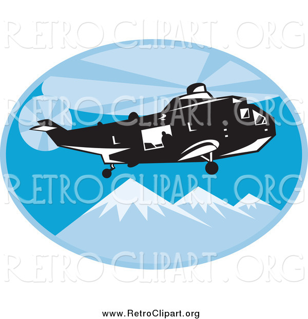 Clipart of a Retro Search and Rescue Helicopter Above Mountains