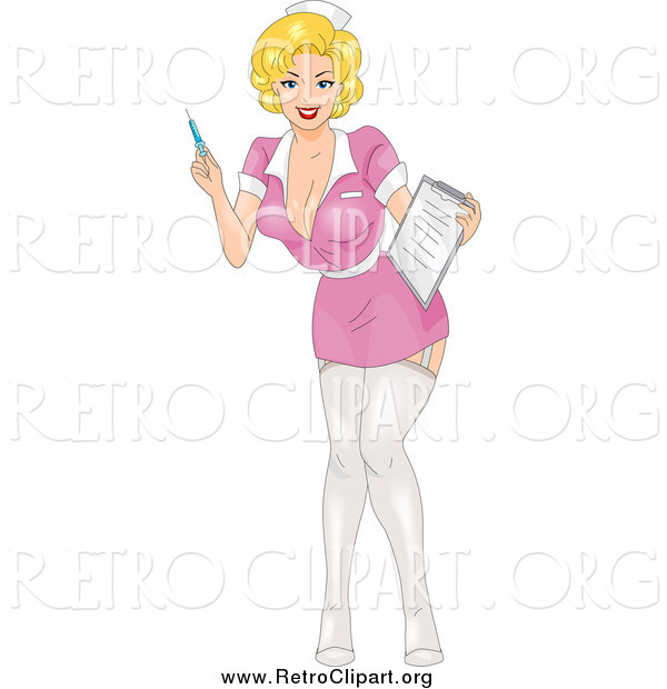 Clipart of a Retro Sexy Female Nurse Pinup Holding a Syringe and Chart