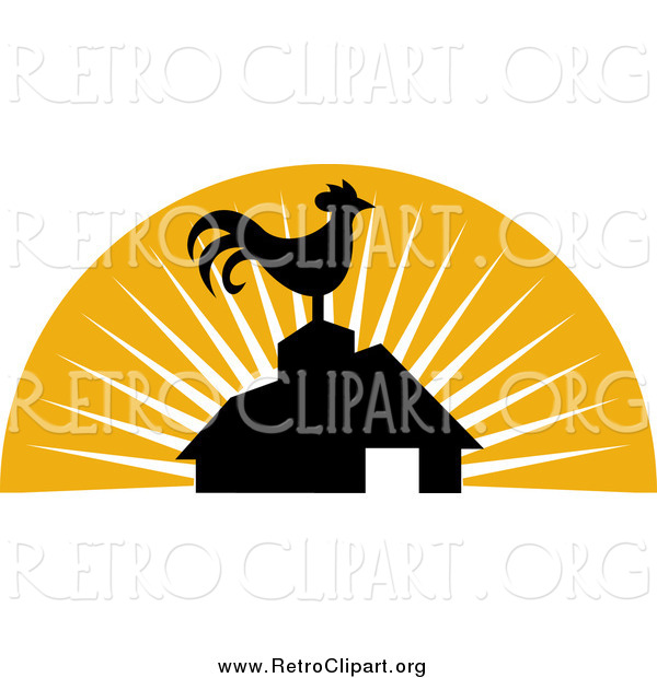 Clipart of a Retro Silhouetted Rooster Atop a Barn