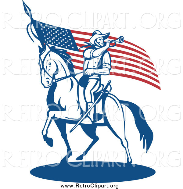 Clipart of a Retro Soldier Playing a Trumpet on Horseback by an American Flag