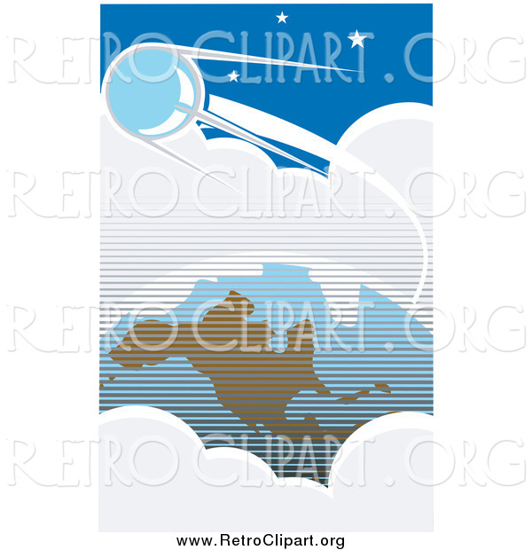 Clipart of a Retro Sputnik Orbiting Around Clouds and Earth