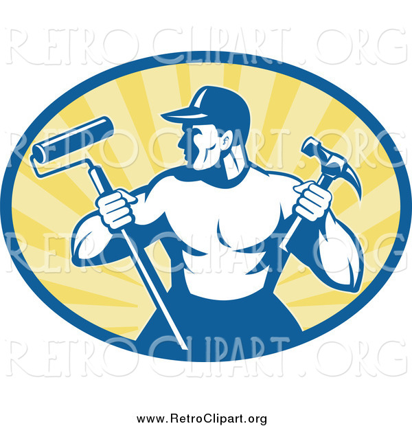 Clipart of a Retro Strong Handyman Holding a Paint Roller and Hammer