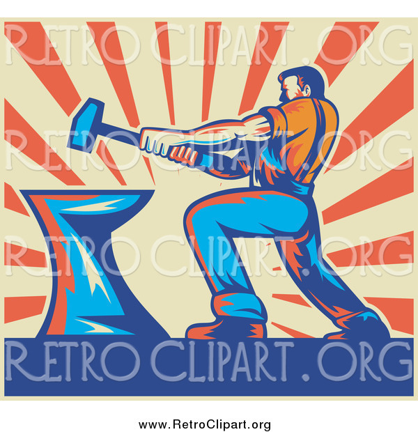 Clipart of a Retro Strong Male Blacksmith Hammering over Beige and Orange Rays