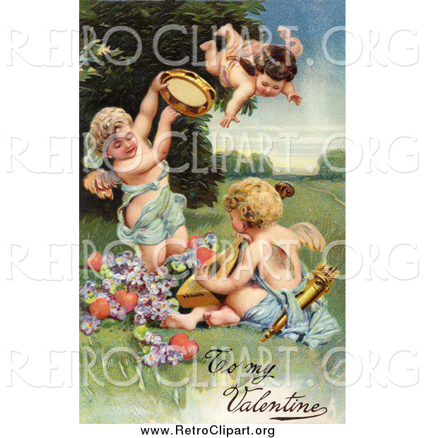 Clipart of a Retro Valentine of Cherubs Playing Tambourines and Mandolins with Hearts and Flowers, Circa 1906