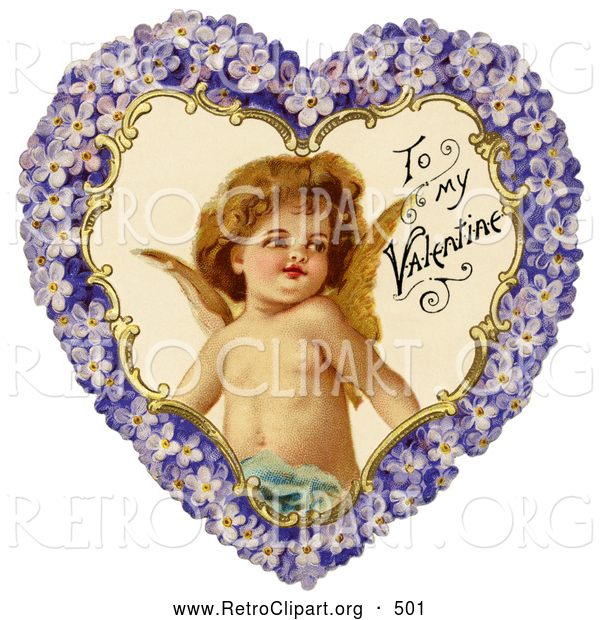 Clipart of a Retro Valentine of Cupid Smiling Inside a Purple Floral Forget Me Not Heart, Circa 1890