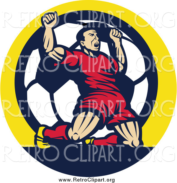 Clipart of a Retro Victorious Male Athlete Cheering on His Knees over a Soccer Ball in a Circle