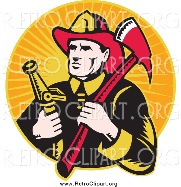 Clipart of a Retro White Male Fireman with an Axe and Hose over Orange Rays