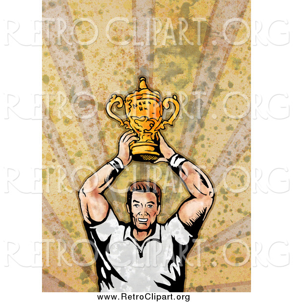 Clipart of a Retro White Male Rugby Player Holding a Trophy, on Grunge