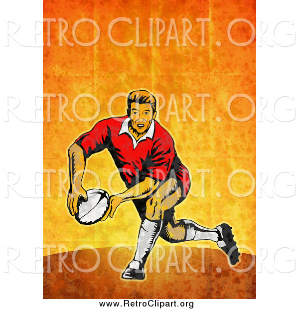 Clipart of a Retro White Male Rugby Player Passing, on Orange Grunge