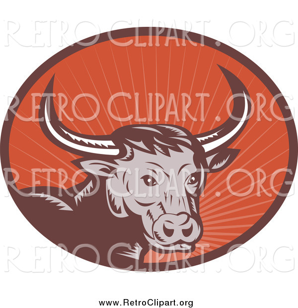 Clipart of a Retro Woodcut Longhorn Bull in an Oval of Rays