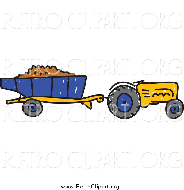 Clipart of a Retro Yellow Sketched Tractor Pulling a Trailer of Soil