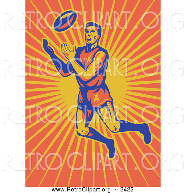Clipart of a Rugby Player Jumping over Sun Rays to Catch a Ball