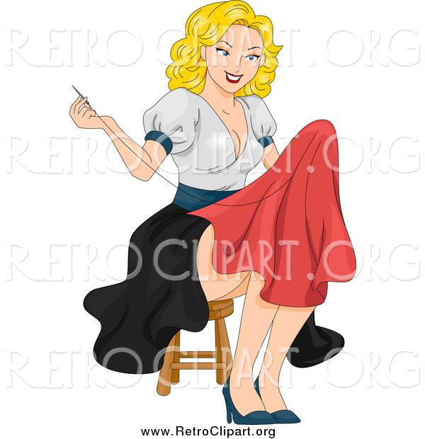 Clipart of a Sexy Blond White Pinup Woman Sewing