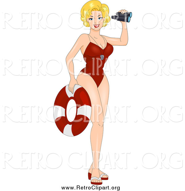Clipart of a Sexy Lifeguard Pinup Girl with a Life Buoy and Binoculars