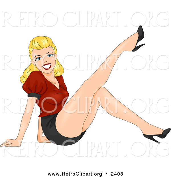 Clipart of a Sexy Retro Blond White Pinup Woman Kicking up a Leg