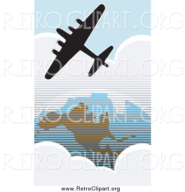 Clipart of a Silhouetted American Bomber Aircraft over the USA