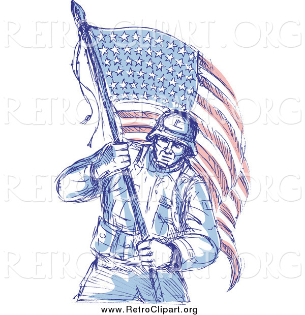 Clipart of a Sketched Patriotic Soldier Carrying an American Flag