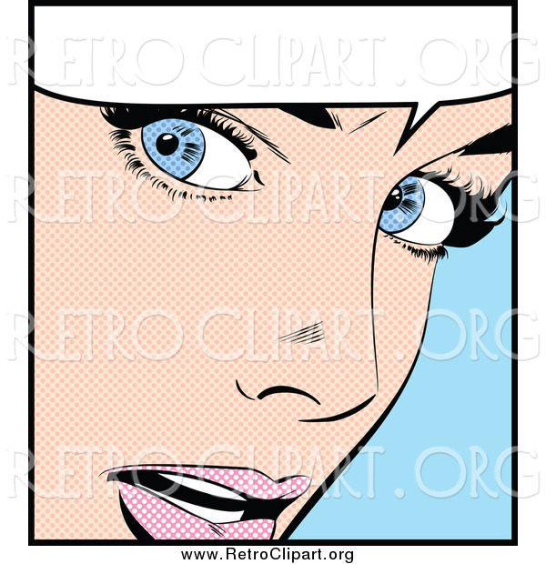 Clipart of a Surprised Blue Eyed Caucasian Retro Pop Art Woman and Word Balloon