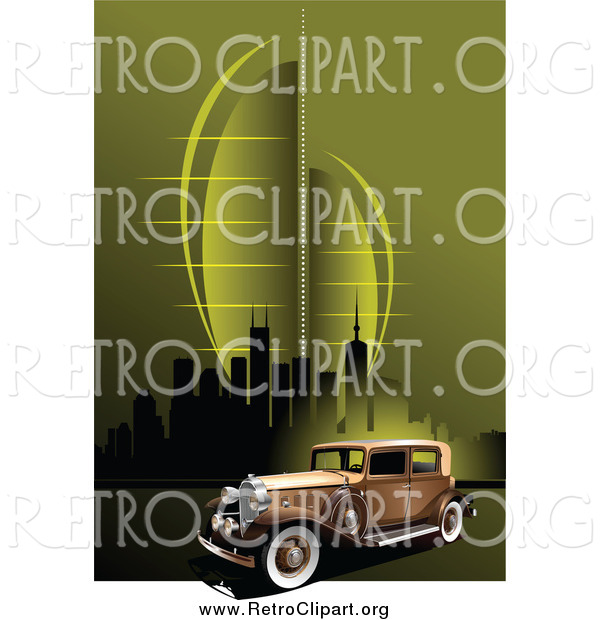Clipart of a Vintage Car over a Green Urban Background