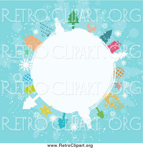 Clipart of a Winter Globe Circled in Snowmen, Trees, Angels, and Gifts on Blue