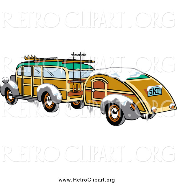 Clipart of a Winter Woody Sedan Car with Skis and a Trailer
