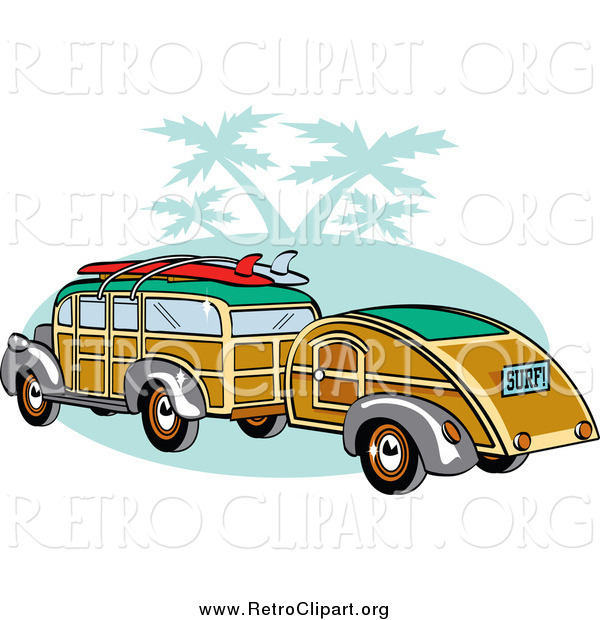 Clipart of a Woody Car with Surfboards on the Roof, Pulling a Trailer over Green with Palm Trees