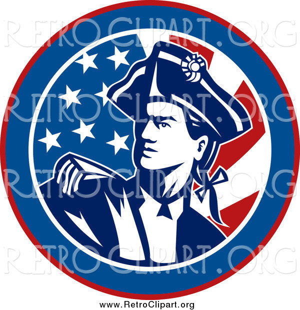 Clipart of an American Revolutionary War Soldier over a Retro Flag Circle