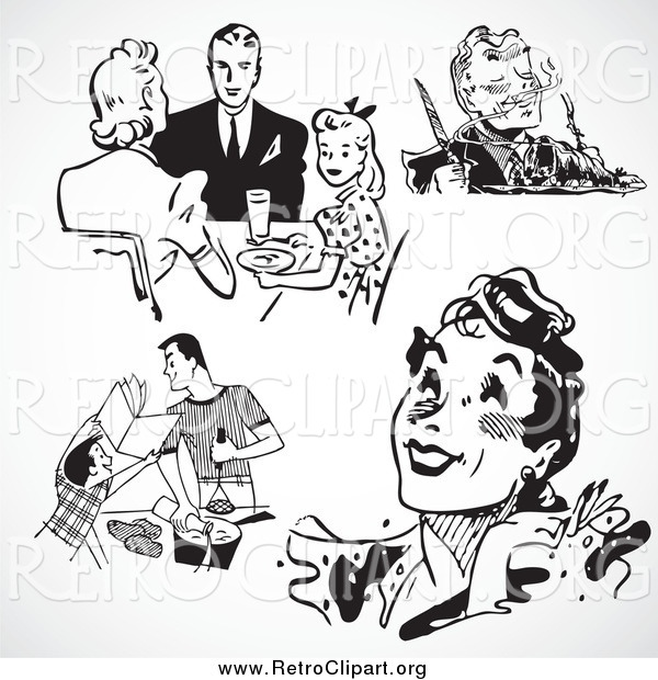 Clipart of Black and White Retro People and Food