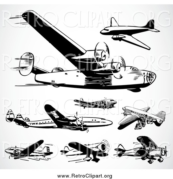 Clipart of Black and White Retro Planes on Shading