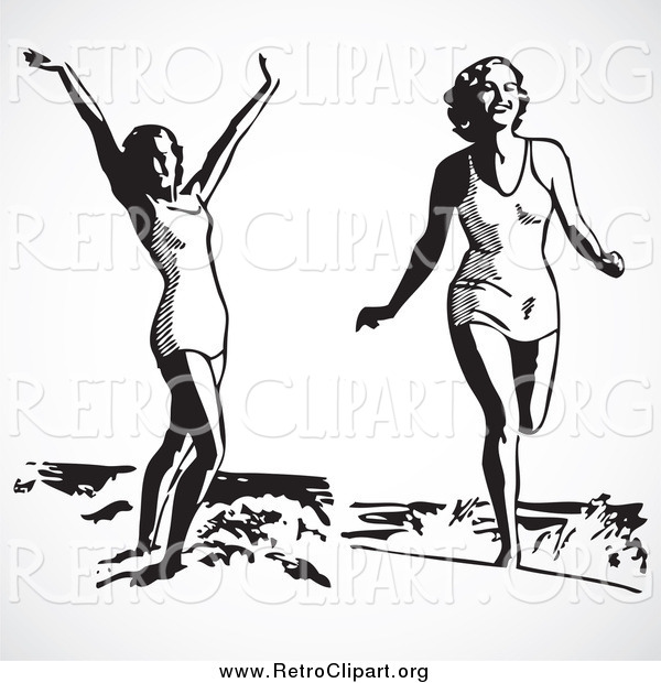 Clipart of Retro Black and White Ladies in the Surf at the Beach