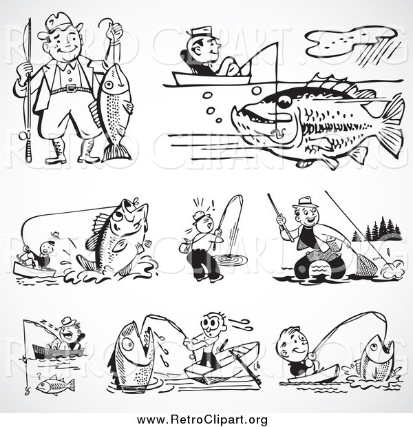 Clipart of Retro Black and White People Fishing