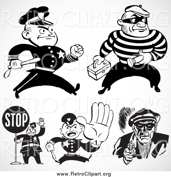 Clipart of Retro Black and White Police Officers and Criminals