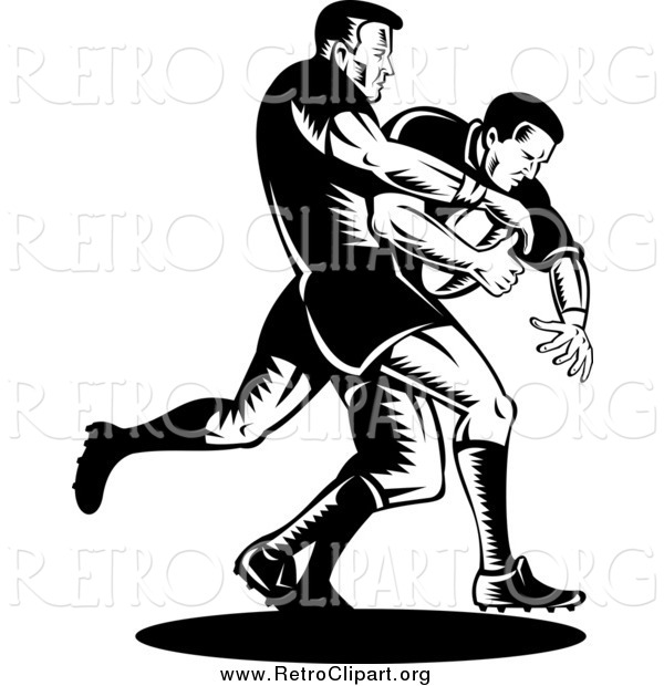 Clipart of Retro Black and White Rugby Football Players in Action
