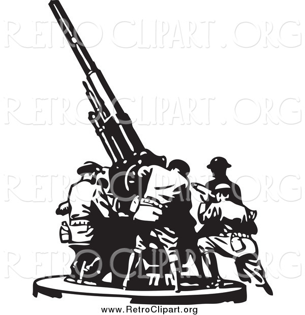 Clipart of Retro Black and White Soldiers Setting up a Military Gun