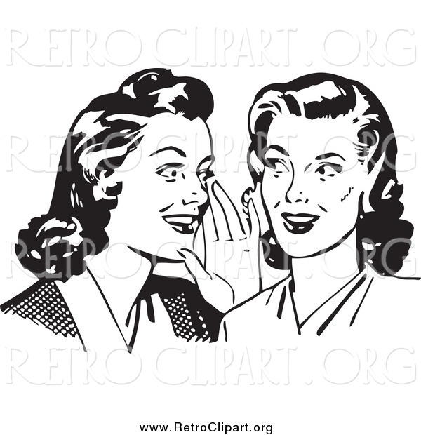 Clipart of Retro Gossiping Women, in Black and White