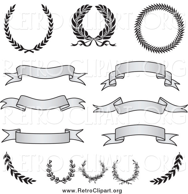 Clipart of Retro Grayscale Banners, Laurels and Wreaths