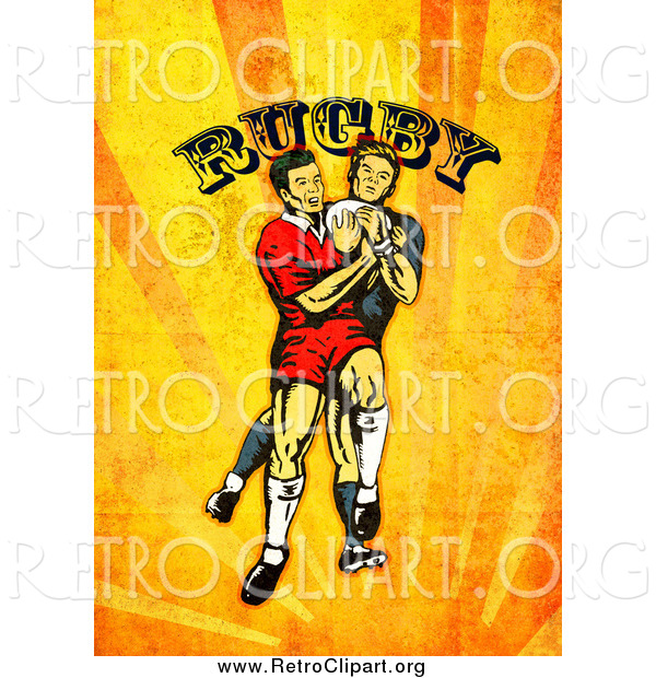 Clipart of Retro Rugby Players over Orange Grunge with Text