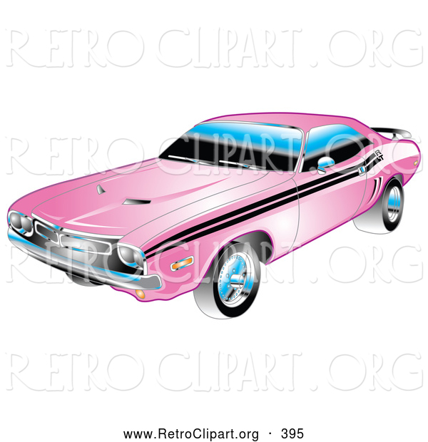 Retro Clipart of a 1971 American Dodge Challenger Muscle Car in Pink with Black Racing Stripes on the Sides