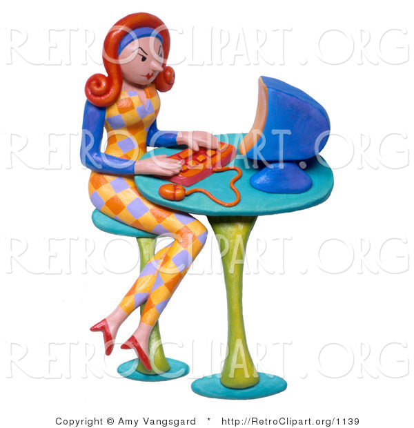 Retro Clipart of a 3d Red Haired Secretary Working on a Computer at a Desk
