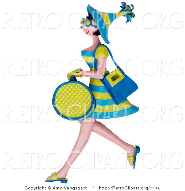 Retro Clipart of a 3d Shopping Woman in Green and Blue Carrying Bags