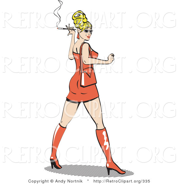 Retro Clipart of a Attractive Blond Bombshell Woman Wearing a Tight Orange Dress Looking Back and Smoking a Cigarette