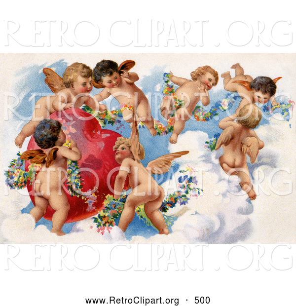 Retro Clipart of a Beautiful Painting of a Group of Playful Cherubs in the Clouds of Heaven, Decorating a Red Heart in Floral Garlands, Circa 1909